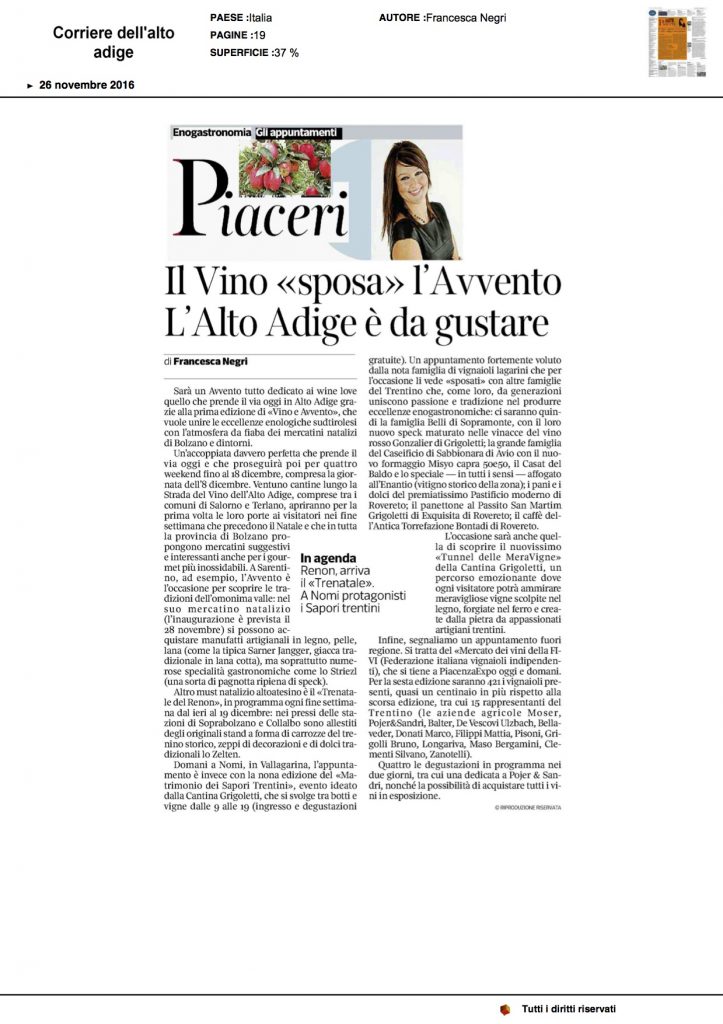 26-11-2016 Corriere del Trentino e dell'Alto Adige Il Vino "sposa" l'Avvento l'Alto Adige è da gustare